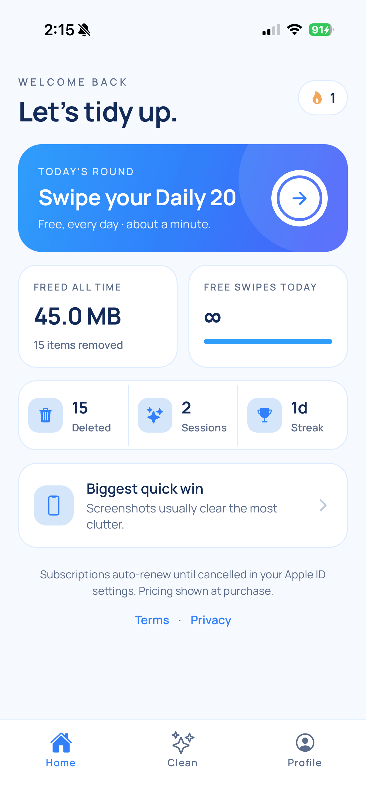 Tossio home dashboard showing storage freed and daily round