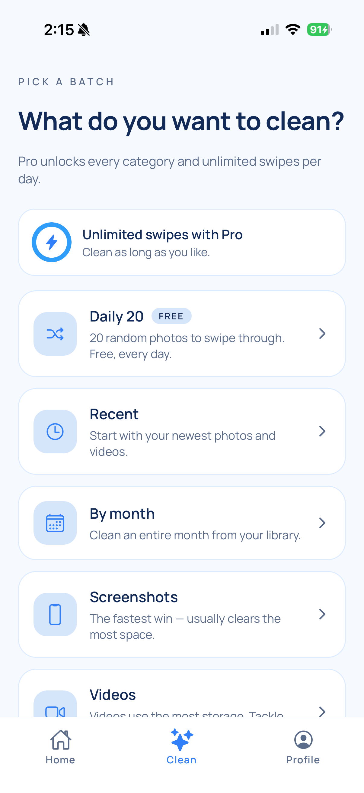 Tossio cleanup categories: Daily 20, Recent, By month, Screenshots, Videos